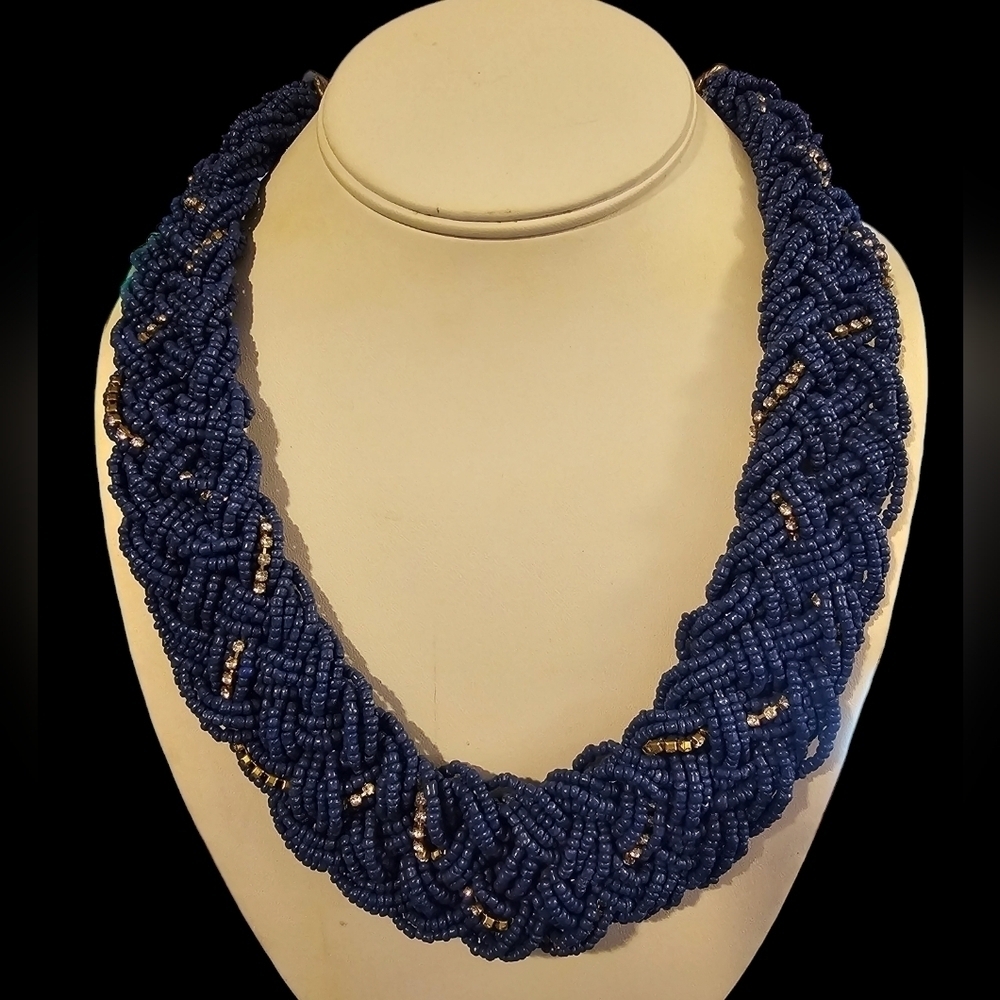👍5 For $20 Thick Braided Multi-Strand Blue Seed Bead Necklace w/Rhinestones